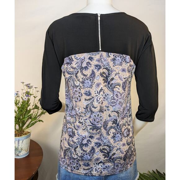 Roz & Ali Top Blouse Petite Small Purple Paisley Black Colorblock Stretch Boho - Picture 4 of 9